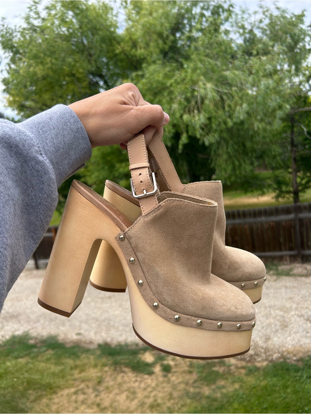 Vince Camuto Taupe Suede Studded Platform Slingback Heels